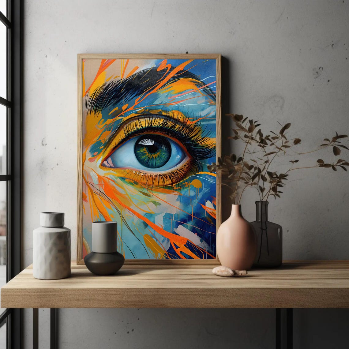 Abstract Blue Eye With Bold Orange And Gold Paint Splashes Wall Art - Image 5