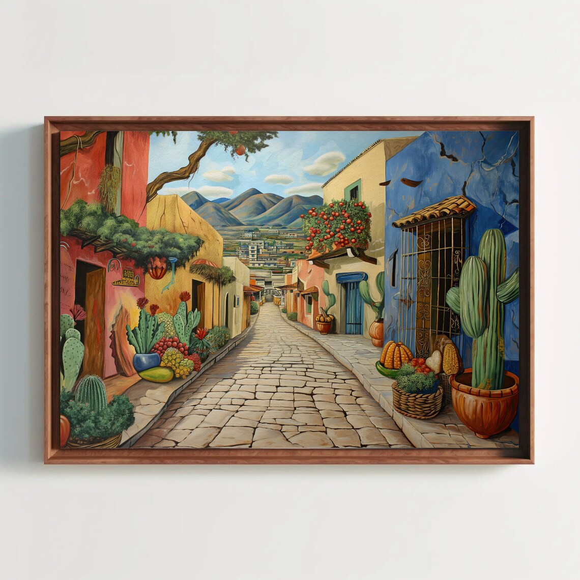 Mexican Cobblestone Street Colorful Houses Cacti Painting Poster
