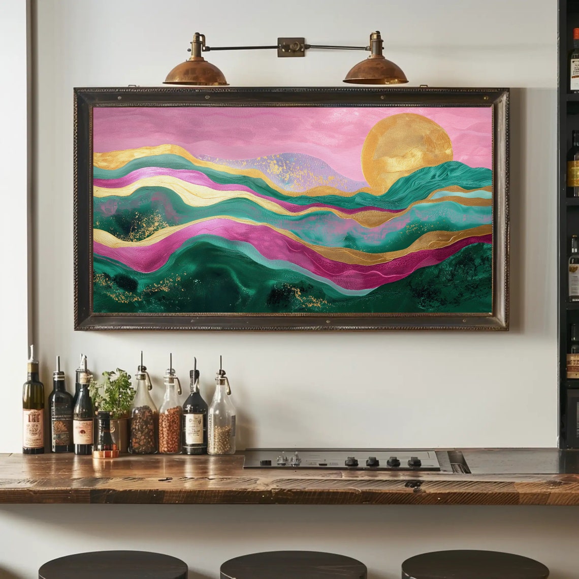 Vibrant Abstract Mountain Sunset Pink Teal Gold Waves Poster - Image 2