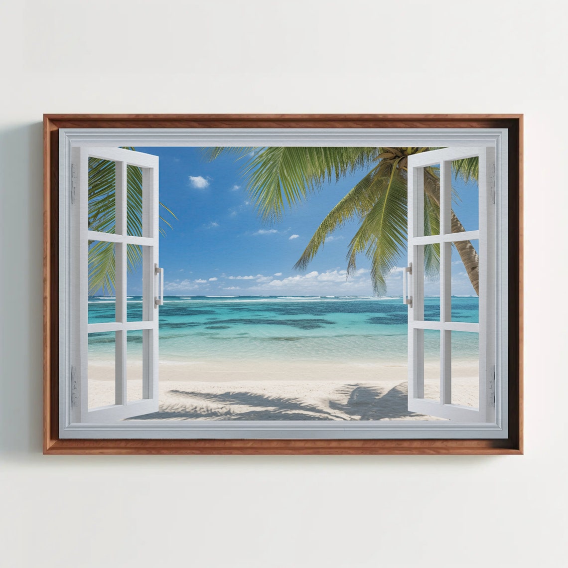 Caribbean Beach Palms Through Open White Window Tropical View Poster - Image 5