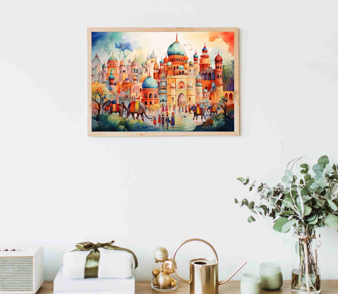 Vibrant India Palace Cityscape With Elephants Watercolor Poster - Image 5
