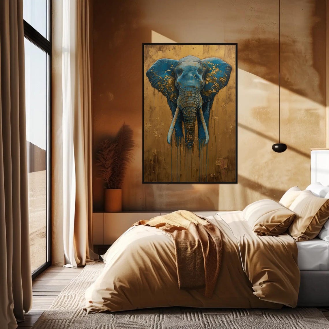 Blue Elephant Head On Gold Leaf Abstract Wildlife Art Poster - Image 2