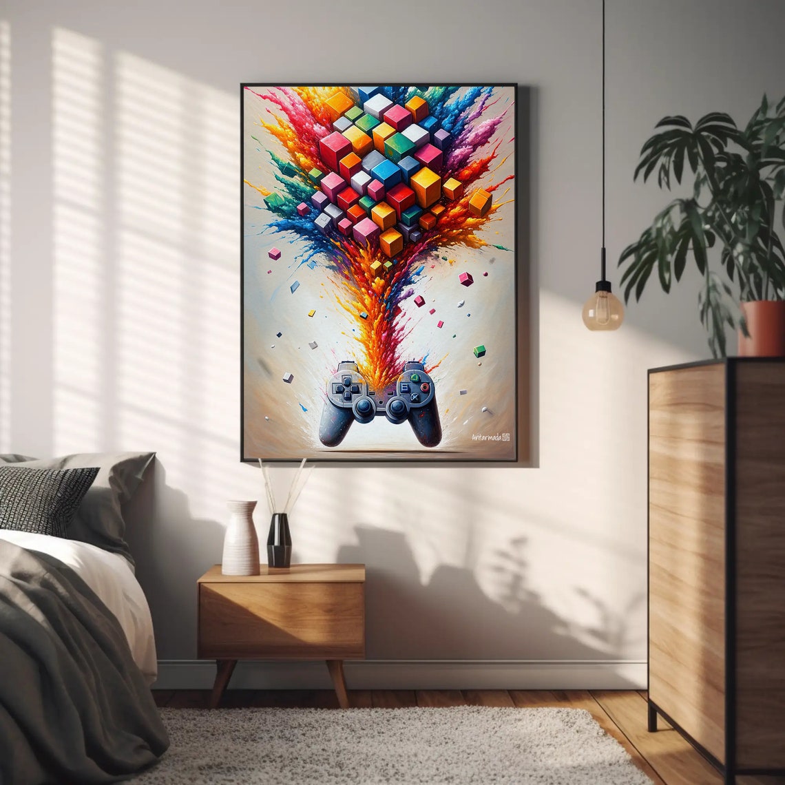 Pixel Cube Explosion Gaming Controller Colorful Game Room Poster - Image 5