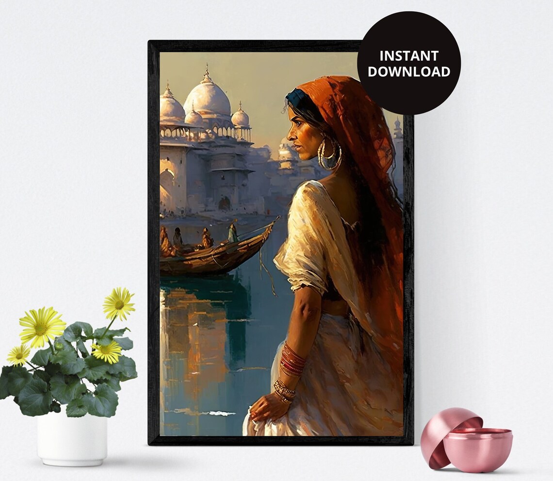 Indian Woman Gazing At River Palace Boat Scene Romantic Art Poster - Image 5