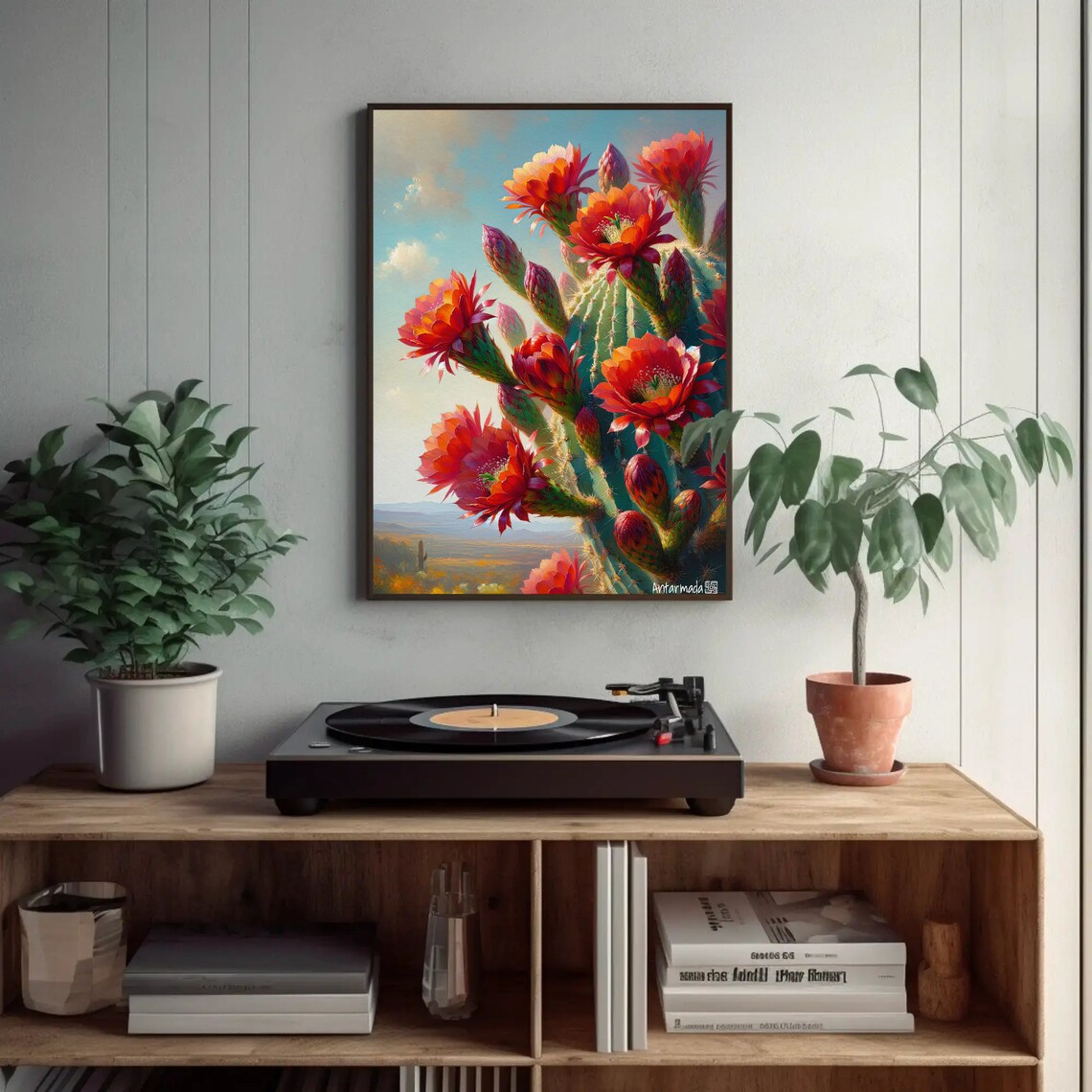Blooming Red Cactus Flowers, Southwest Desert Art Print - Image 4