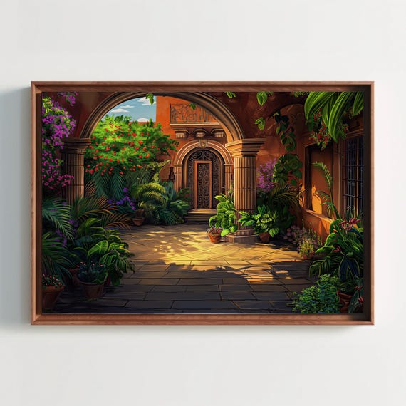 Mexican Haciendas Courtyard Wall Art Mexican Painting Wall Art Mexican Home Decor Mexican Palace Print Ready To Hang