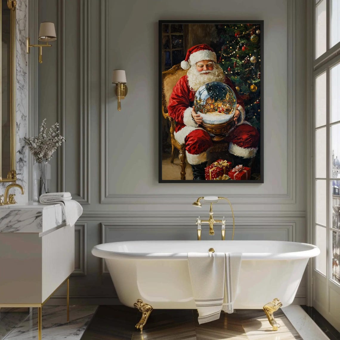 Santa Claus With A Snow Globe Village Cozy Christmas Art Poster - Image 3