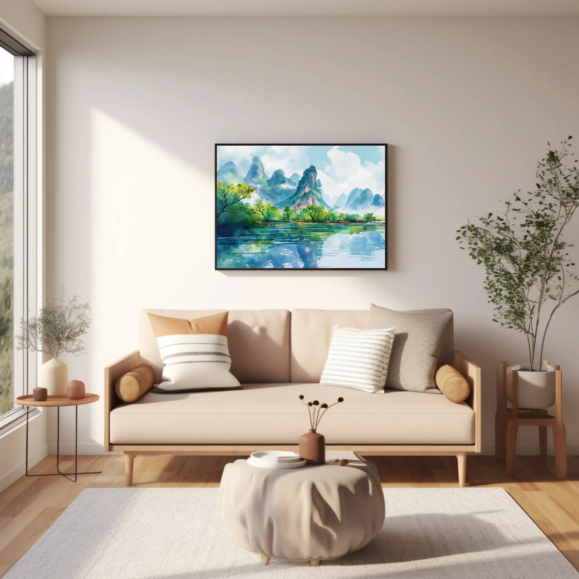 Guilin Karst Peaks Over Emerald River China Watercolor Poster - Image 2