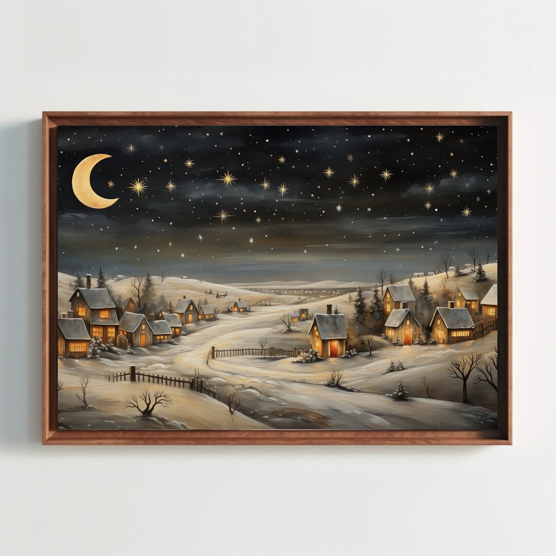 Starry Christmas Eve Snowy Farmhouse Village Holiday Scene Poster - Image 5