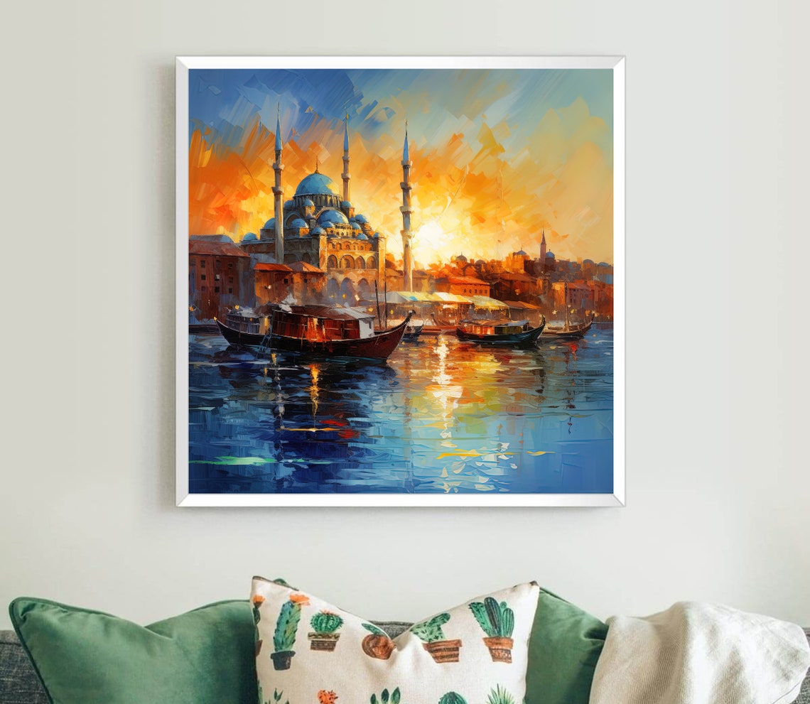 Istanbul Mosque Sunset Over Golden Water Boats Scene Art Poster - Image 5