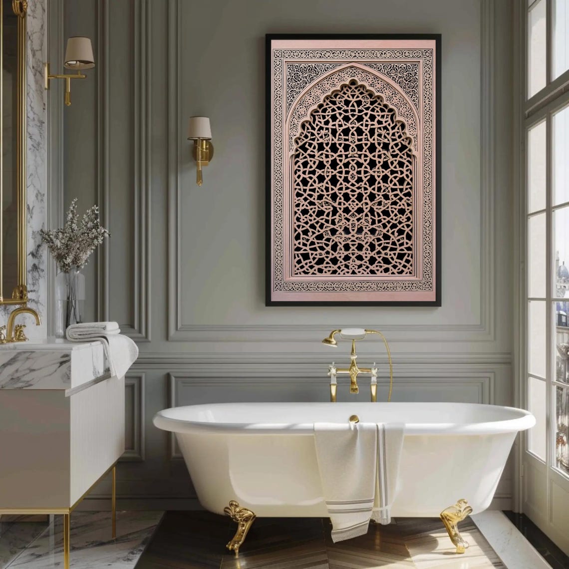 Blush Pink Jaali Lattice Window with Islamic Geometry Art Poster - Image 3