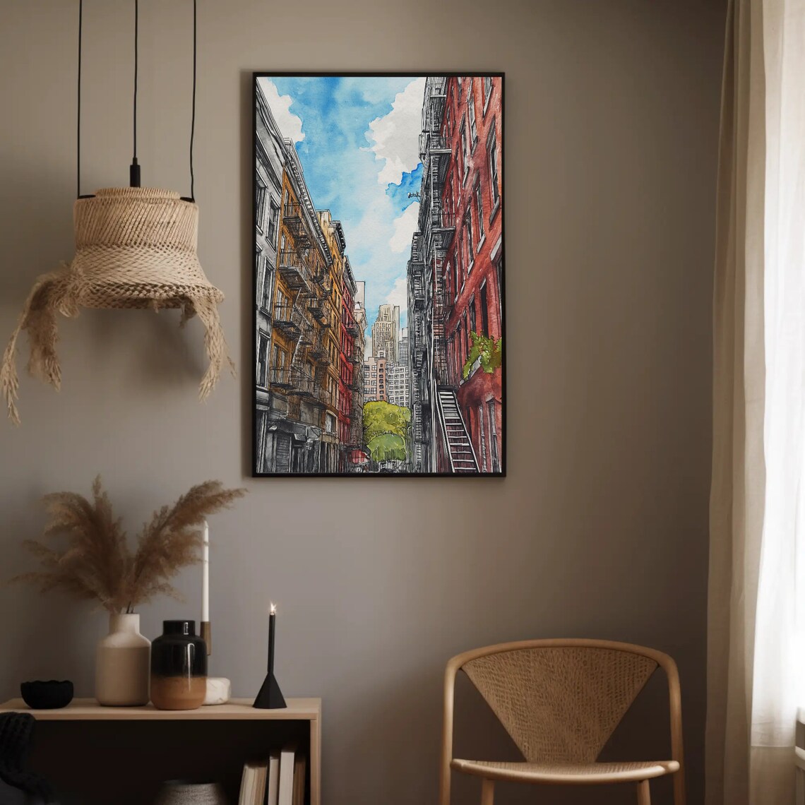 New York Street with Fire Escapes Watercolor City Travel Poster - Image 3