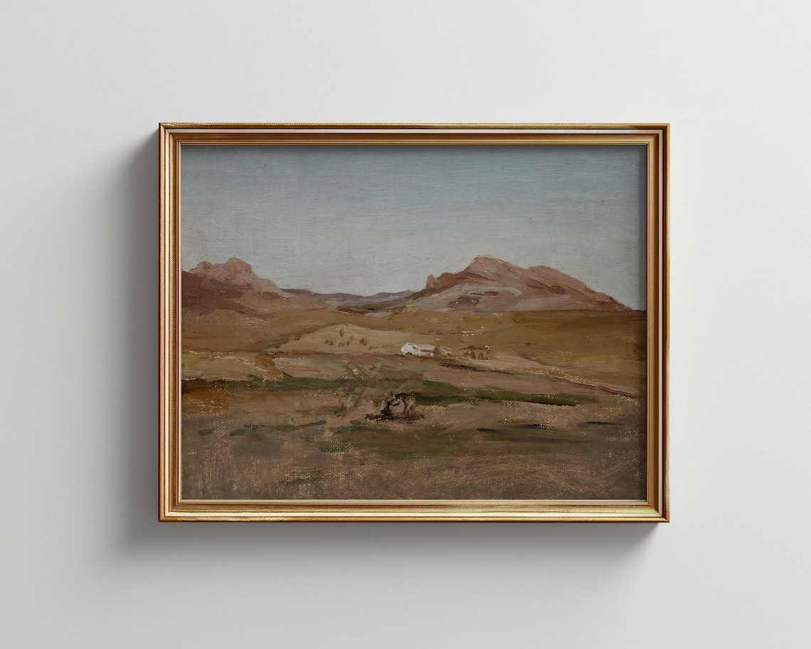 Desert Mountain Valley Vintage Neutral Tonal Oil Painting Poster
