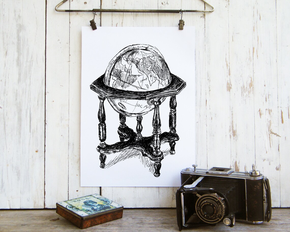 Antique Globe Sketch Pen and Ink Vintage World Globe Art Poster - Image 3
