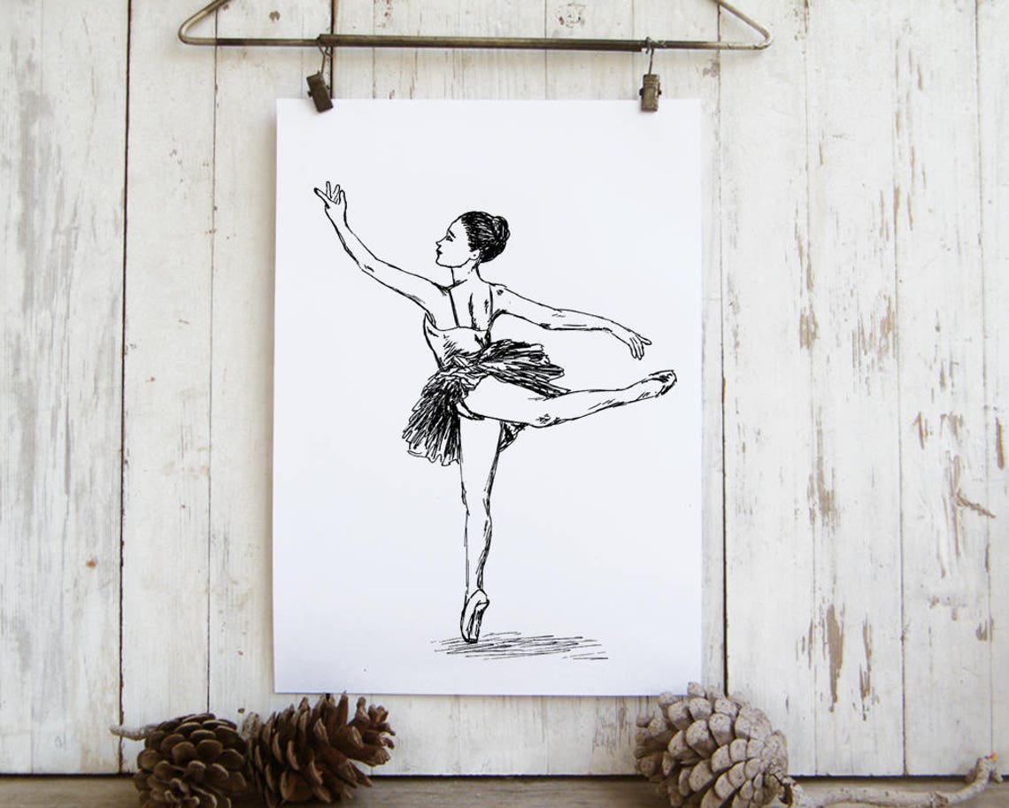 Elegant Ballerina in Arabesque Ink Sketch Black and White Dance Poster - Image 3
