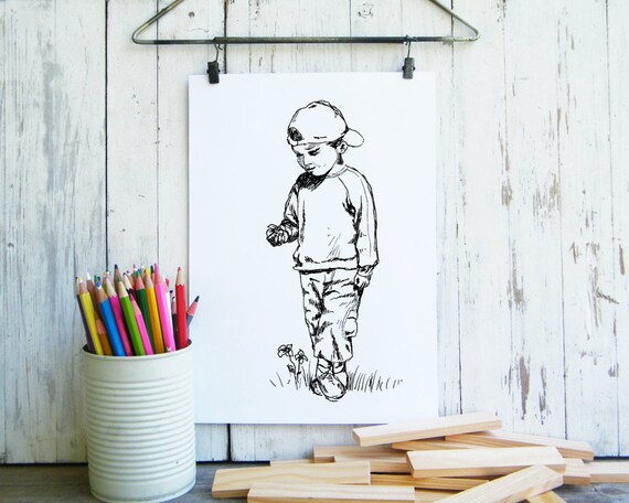 Little Boy in Cap Walking Ink Sketch Black and White Nursery Poster