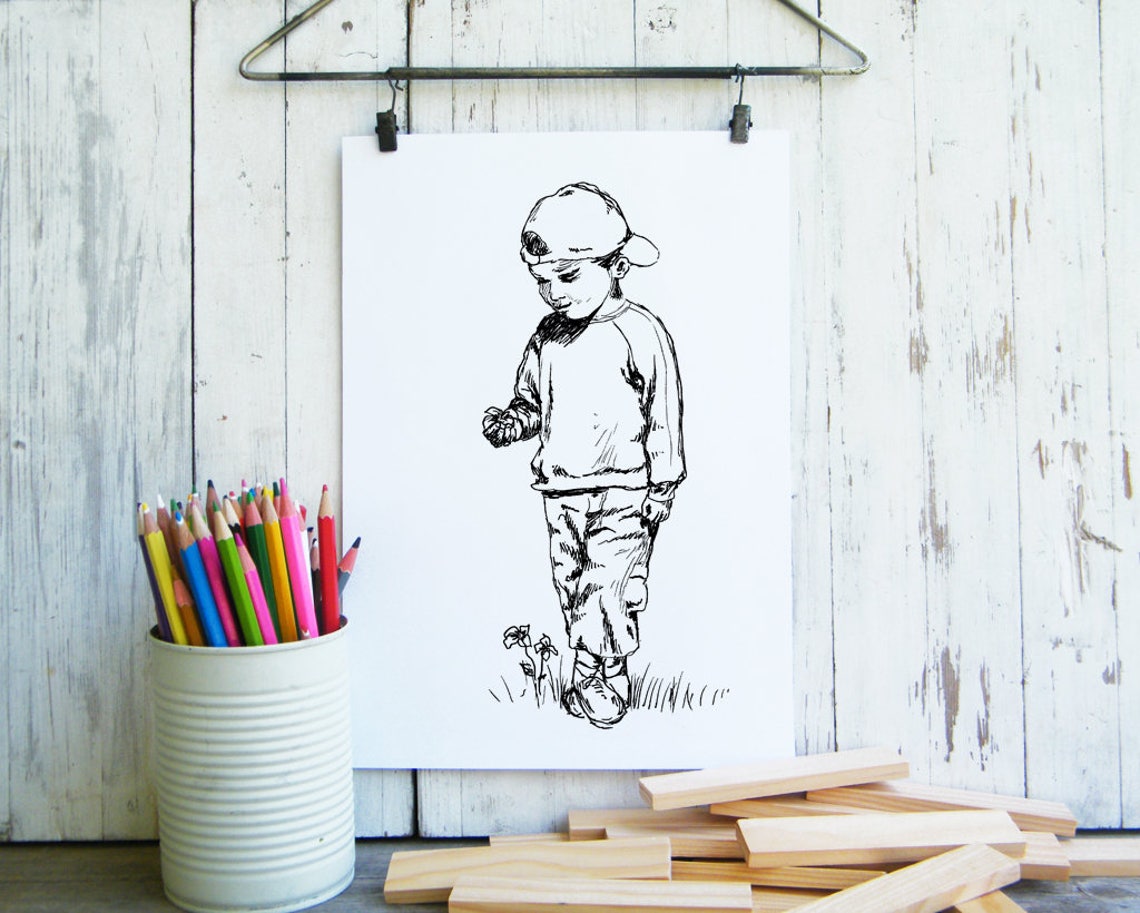 Little Boy in Cap Walking Ink Sketch Black and White Nursery Poster