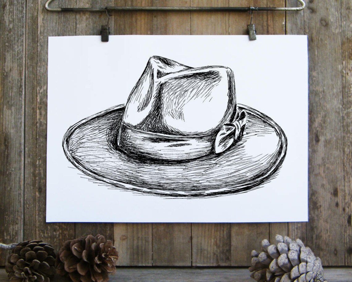 Mens Fedora Hat Ink Sketch Vintage Black White Fashion Art Poster - Image 2