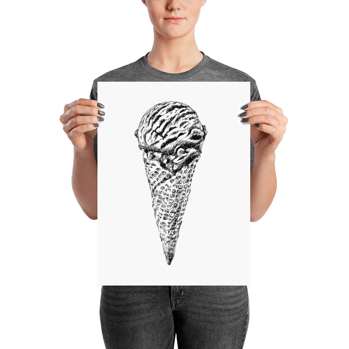 Black and White Ice Cream Cone Ink Sketch Kitchen Art Poster - Image 2