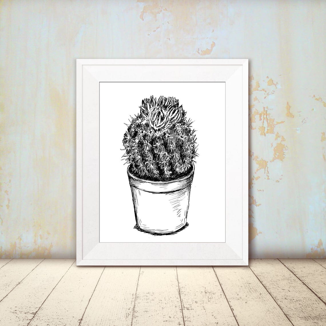 Modern Potted Cactus Ink Sketch Botanical Line Drawing Wall Art - Image 2