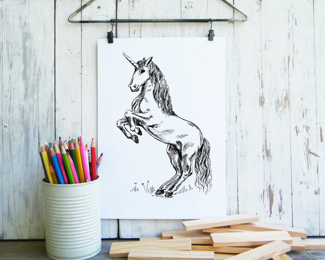 Rearing Unicorn Ink Sketch Magical Horse Kids Room Fantasy Poster - Image 3
