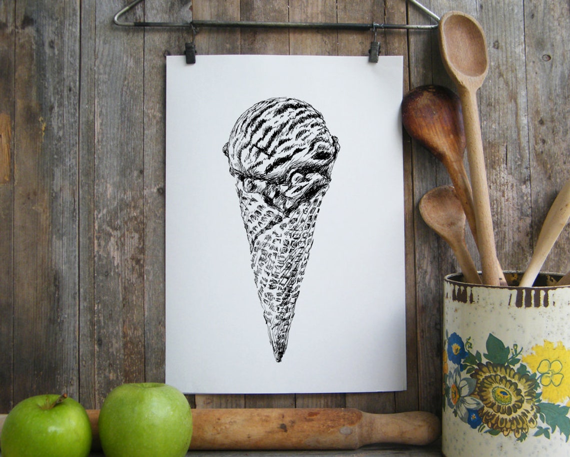 Ice Cream Cone Ink Sketch Black and White Dessert Drawing Poster - Image 3