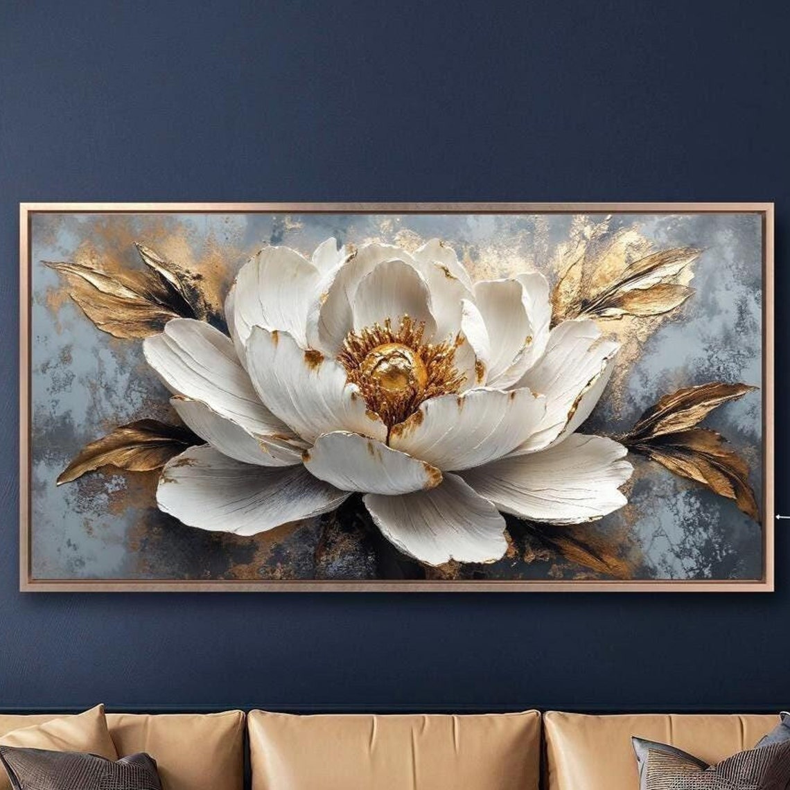 Large White Bloom Gold Center Textured Gray Luxury Art Print