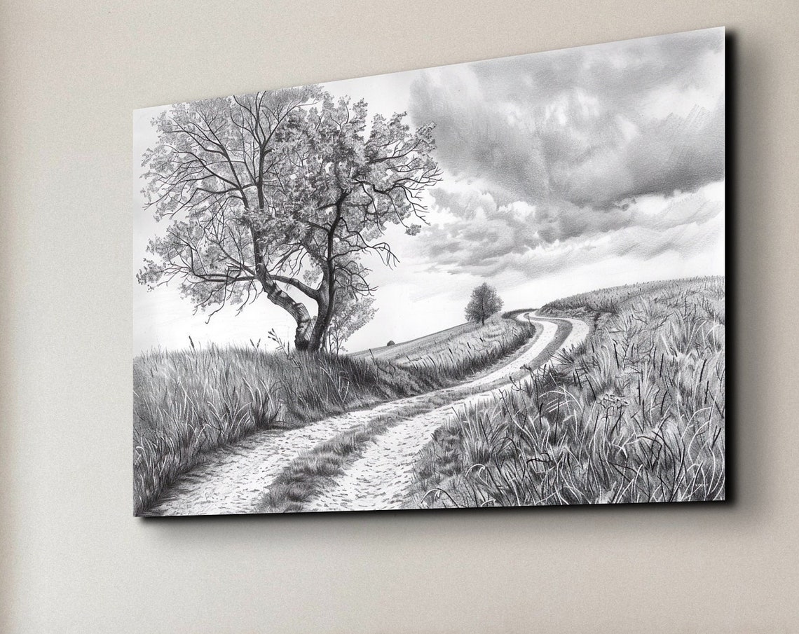 Lone Oak Tree On Rolling Hill Charcoal Drawing Winding Path Poster