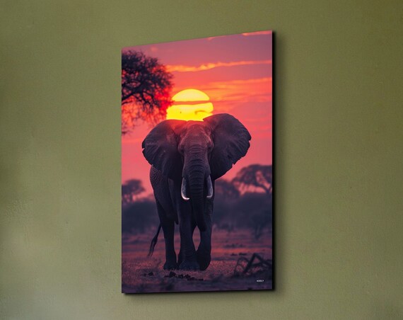 Majestic African Elephant Walking Toward a Red Sunset Poster