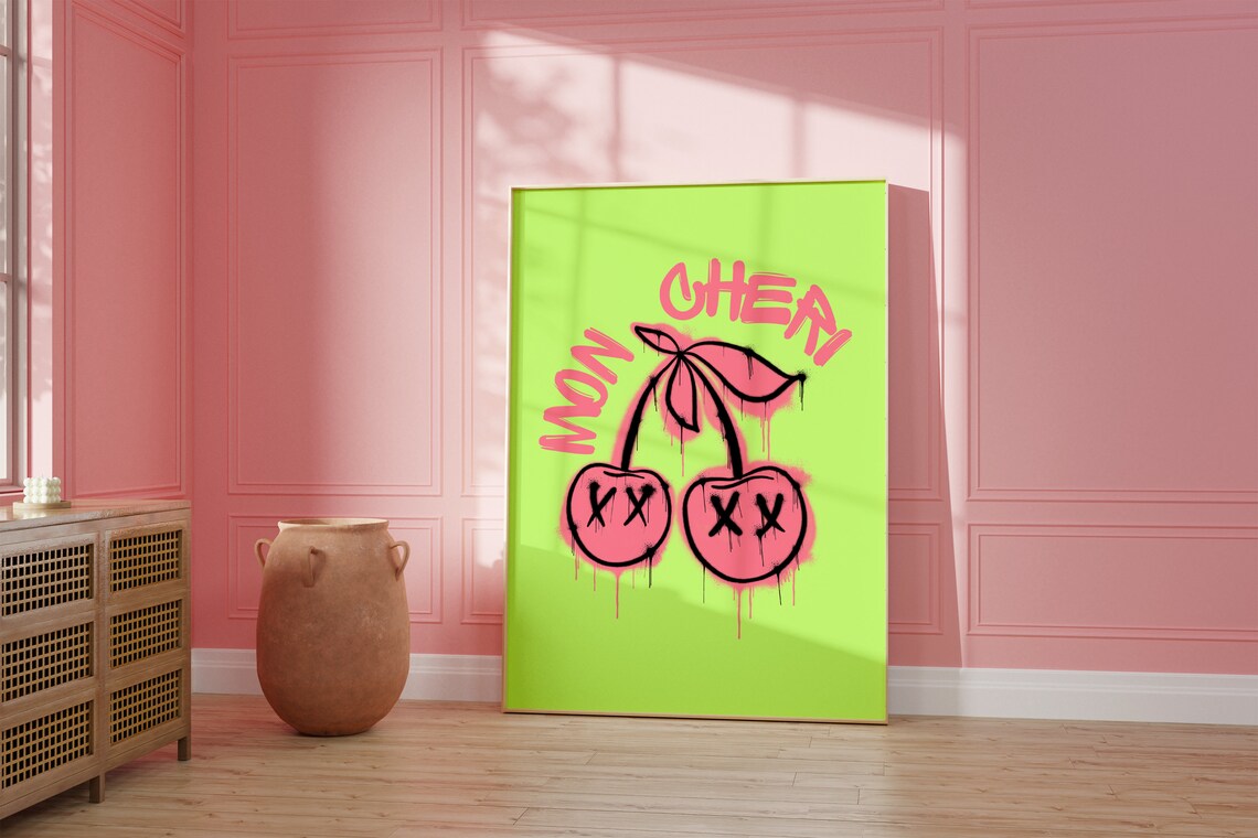 Mon Cheri Cherry Graffiti Retro Art Print