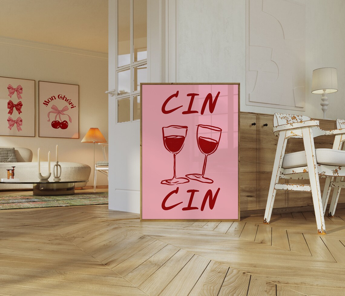 CIN CIN Cheers Two Wine Glasses Pink Italian Bar Cart Poster - Image 2