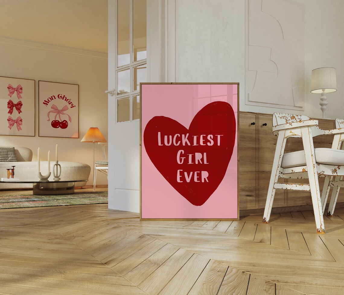 Luckiest Girl Ever Big Red Heart Trendy Pink Preppy Wall Poster - Image 3