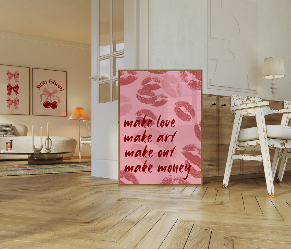Pink Lips Kiss Mark Poster with Make Love Make Art Typography - Image 2