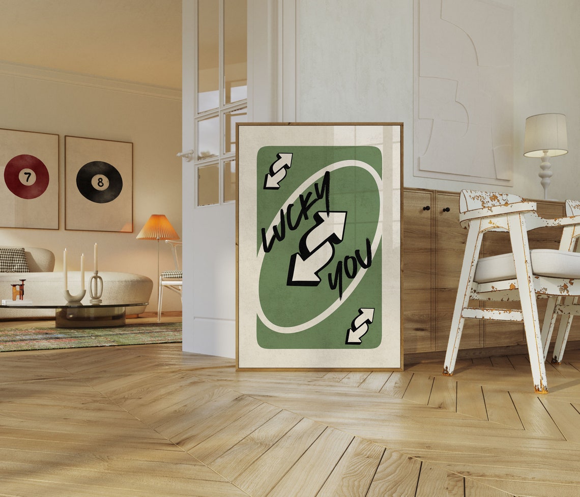 Lucky You Green UNO Reverse Card Retro Style Game Room Poster - Image 3