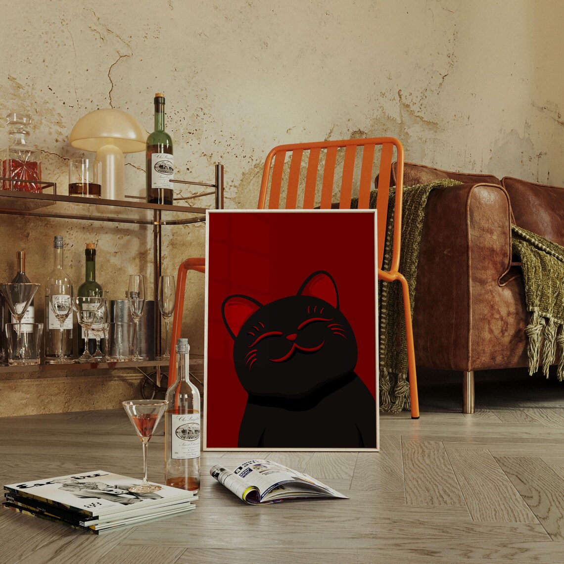 Maneki Neko Black Cat Japandi Poster Print - Image 2