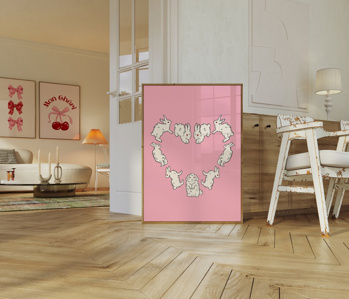 Bunny Rabbit Minimalist Art Print, Pink Heart Decor - Image 2