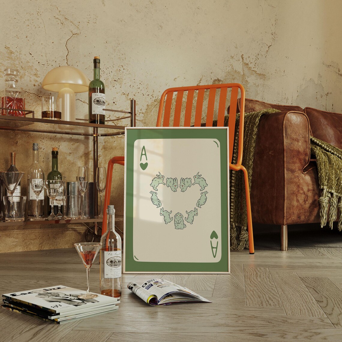 Green Ace of Hearts Playing Card Poster with Bunnies in a Heart Shape - Image 3