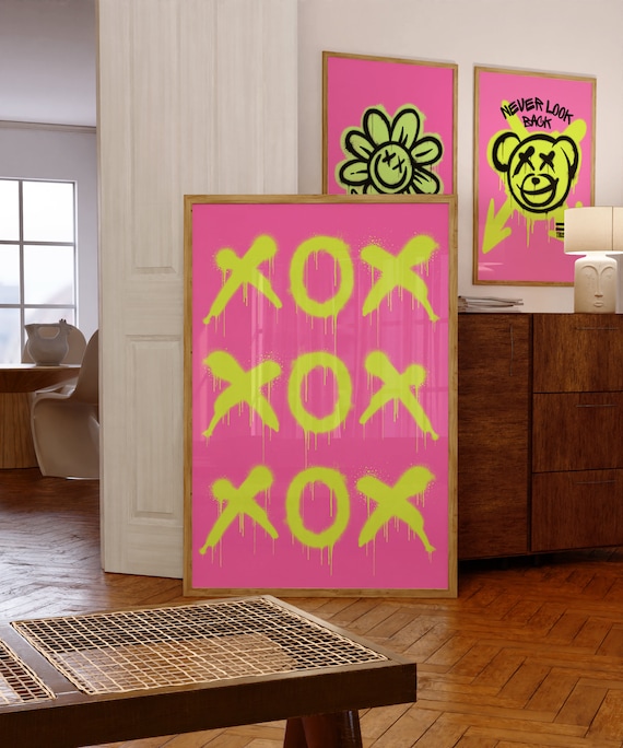 Neon Green Dripping XOXO Graffiti Pink Trendy Dorm Room Wall Art