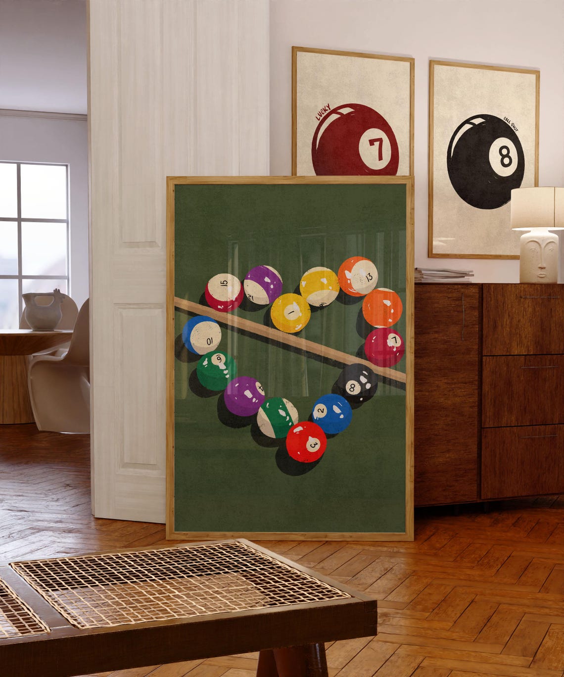 Retro Billiard Balls and Cue on Green Table Game Room Poster - Image 4