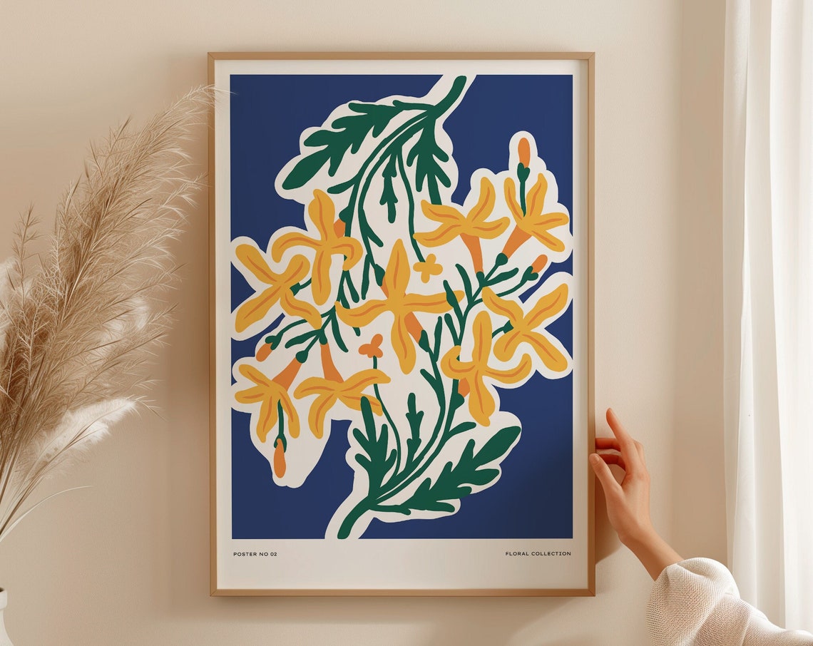 Yellow Blooming Flowers Deep Blue Botanical Collection Poster - Image 2