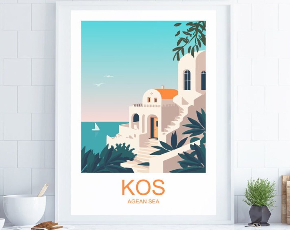 Kos Greek Island Whitewashed Village Aegean Sea Vintage Travel Poster