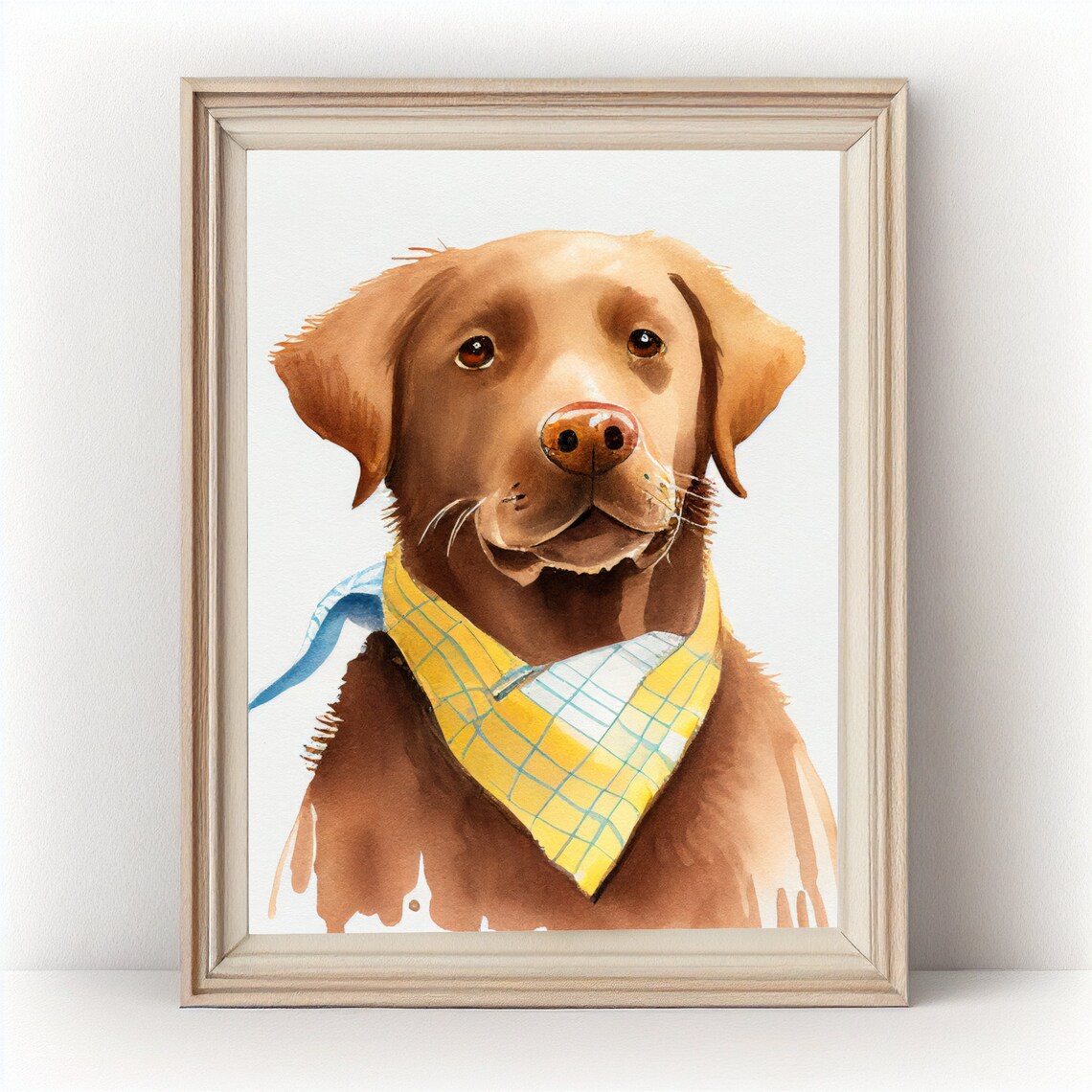 Chocolate Lab Puppy Watercolor Yellow Plaid Bandana Dog Portrait Print
