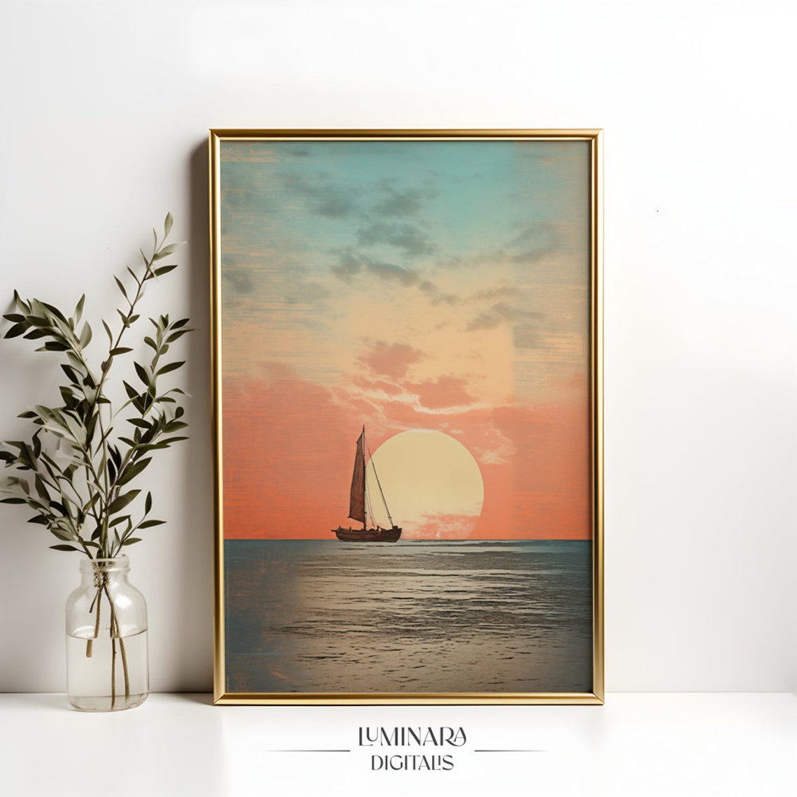 Lone Sailboat Sailing At Sunset Beneath A Giant Golden Sun Poster - Image 4