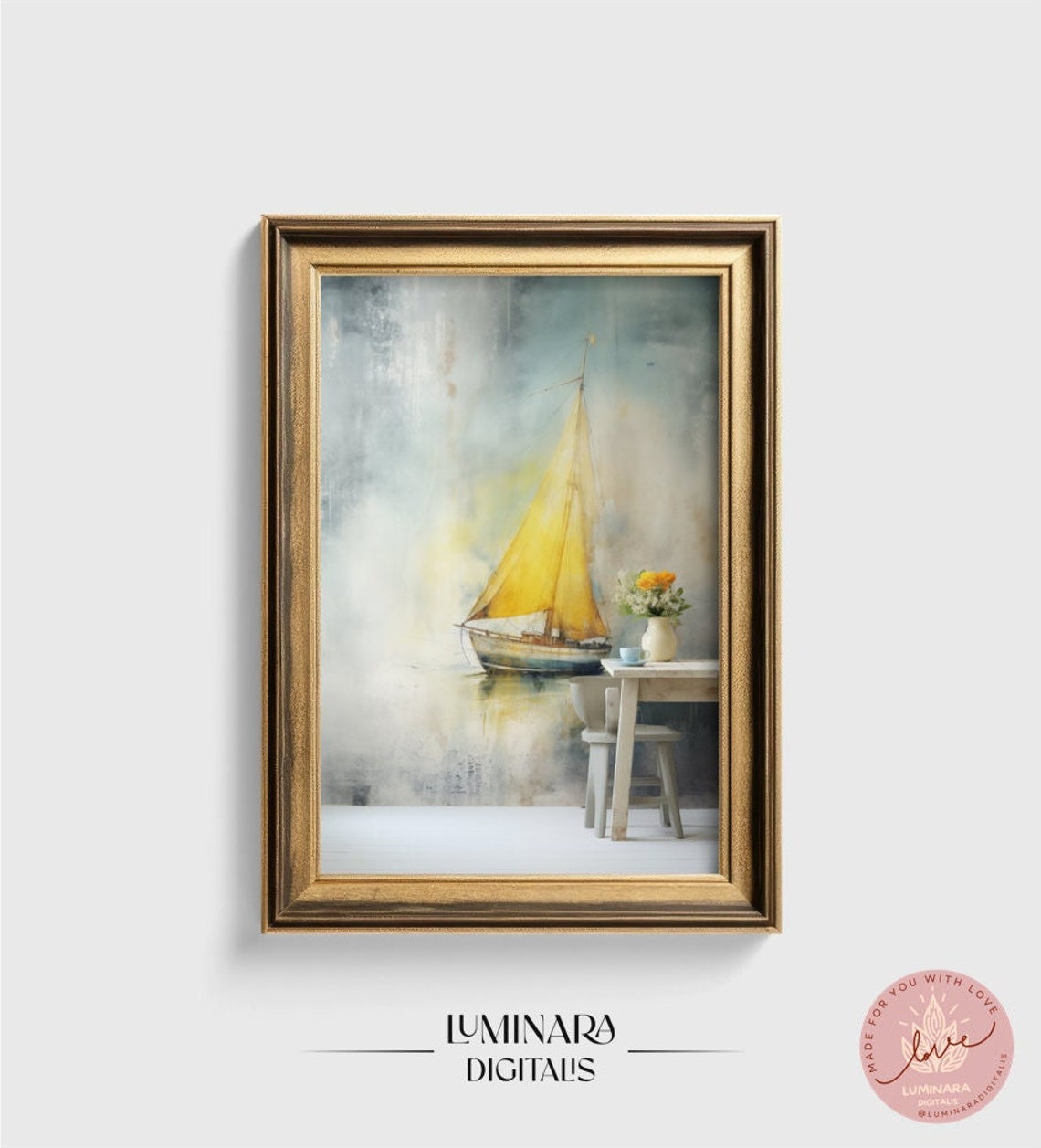 Dreamlike Sailboat With A Glowing Golden Sail Watercolor Print