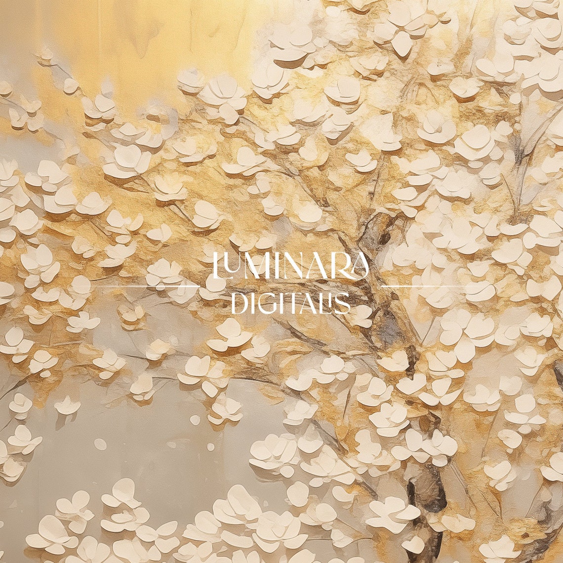 White Blossom Tree On A Golden Textured Background Art Print - Image 3