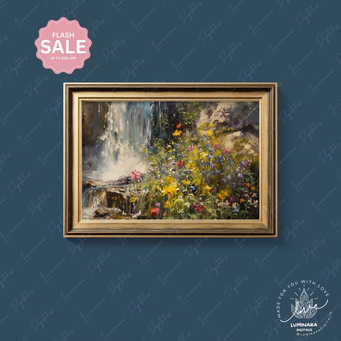 Waterfall Framed By Yellow And Blue Meadow Wildflowers Art Poster - Image 4