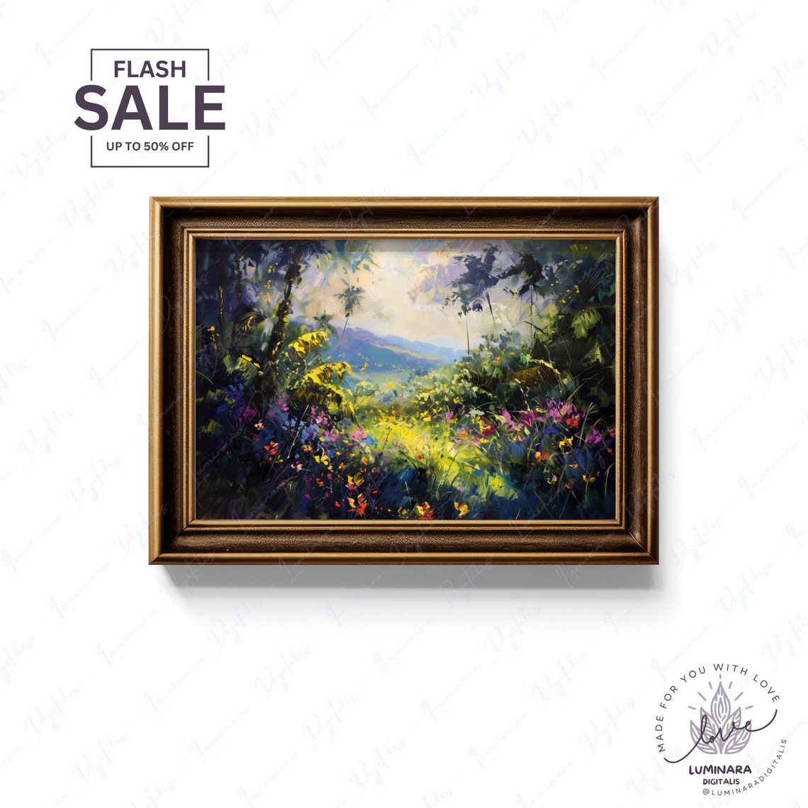 Tropical Floral Jungle With Palm Trees And Mountain View Wall Art - Image 2
