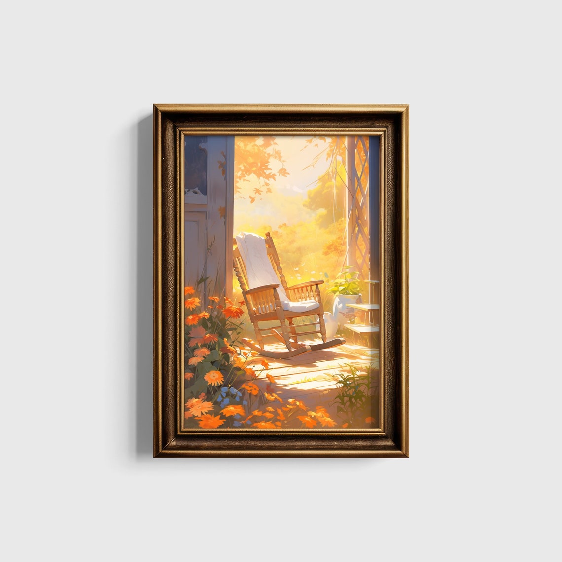Empty Rocking Chair On A Flower Filled Sunlit Porch Art Print - Image 5