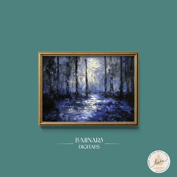 Enchanted Bluebell Forest Moonlight Scene Wall Art Painting 163 Unique Artwork For Home Decor