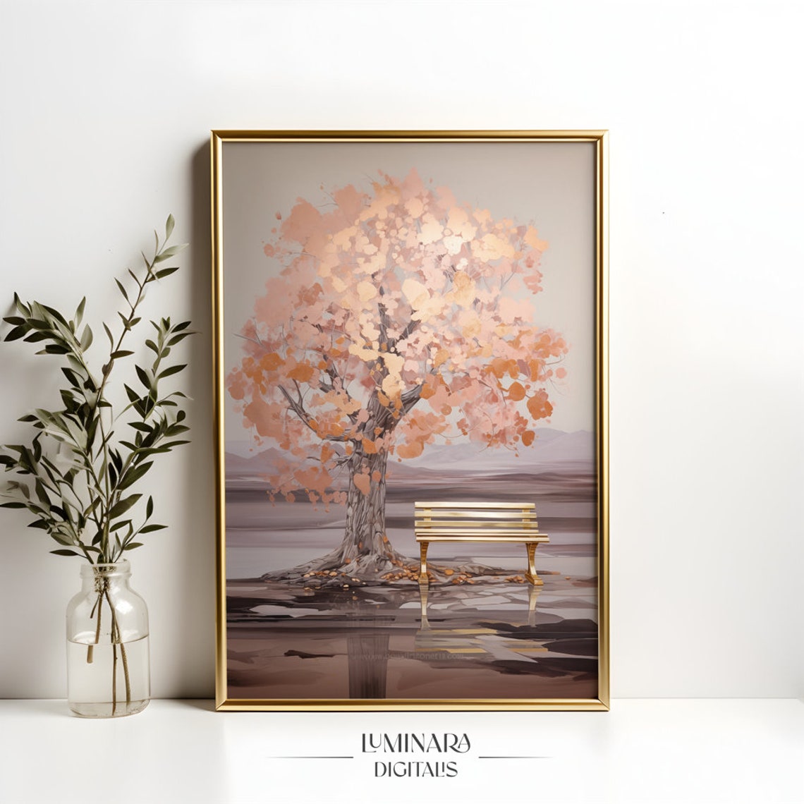 Pink Blossom Tree Beside An Empty Bench In Soft Mist Art Print - Image 4